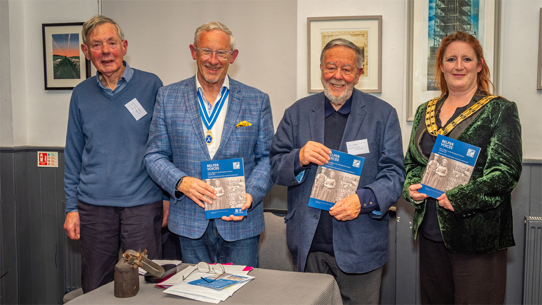 The launch of Belper Voices volume two at No 28 Belper, October 18 2024. Co - authors Bernard Holden and Christopher Charlton with the High Sheriff of Derbyshire, Ian Morgan OBE and Sue Devine, Mayor of Belper.